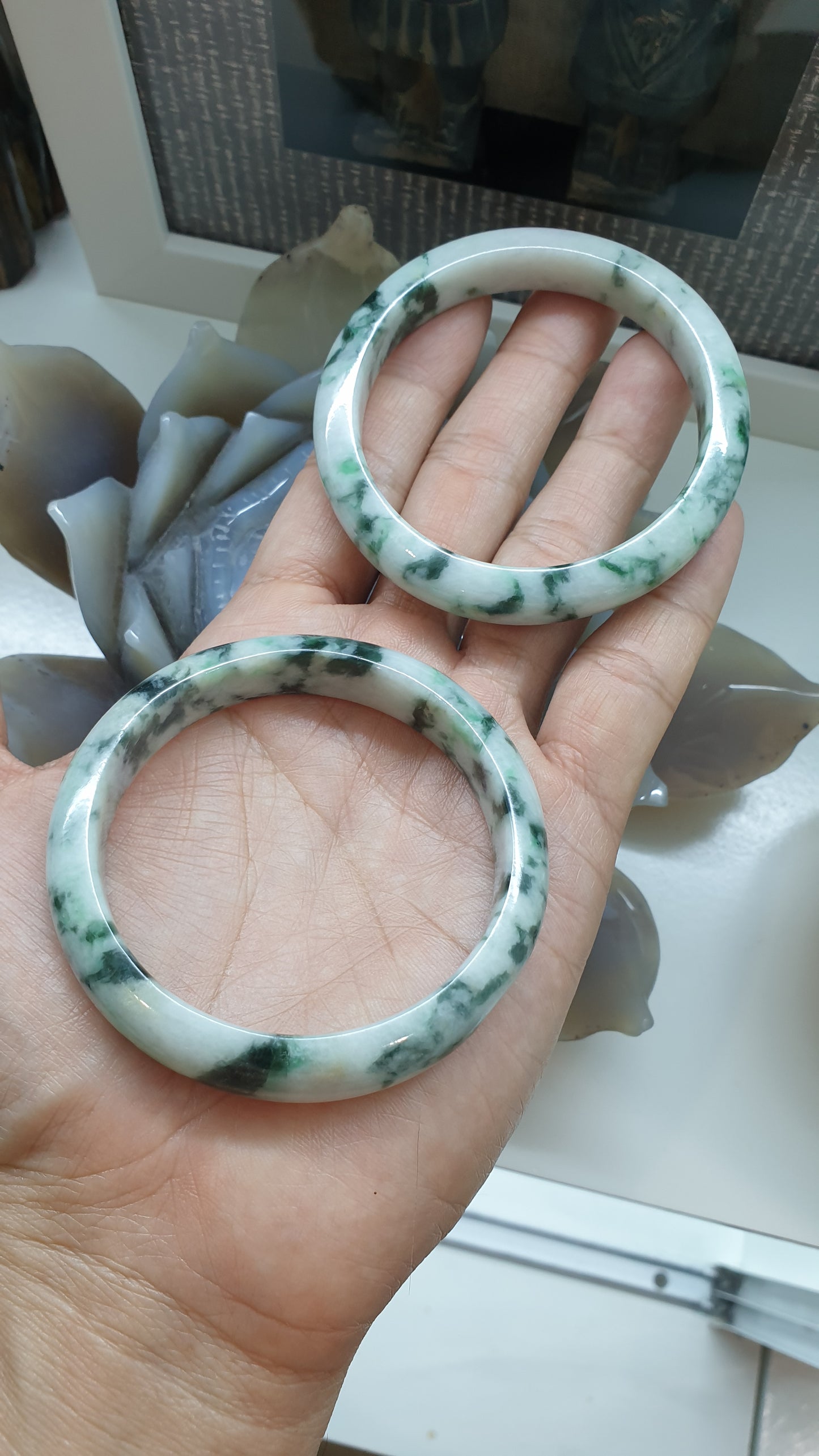 Paired Marbled Green Jade Bangles S57.5 Type A Natural Burma Jadeite