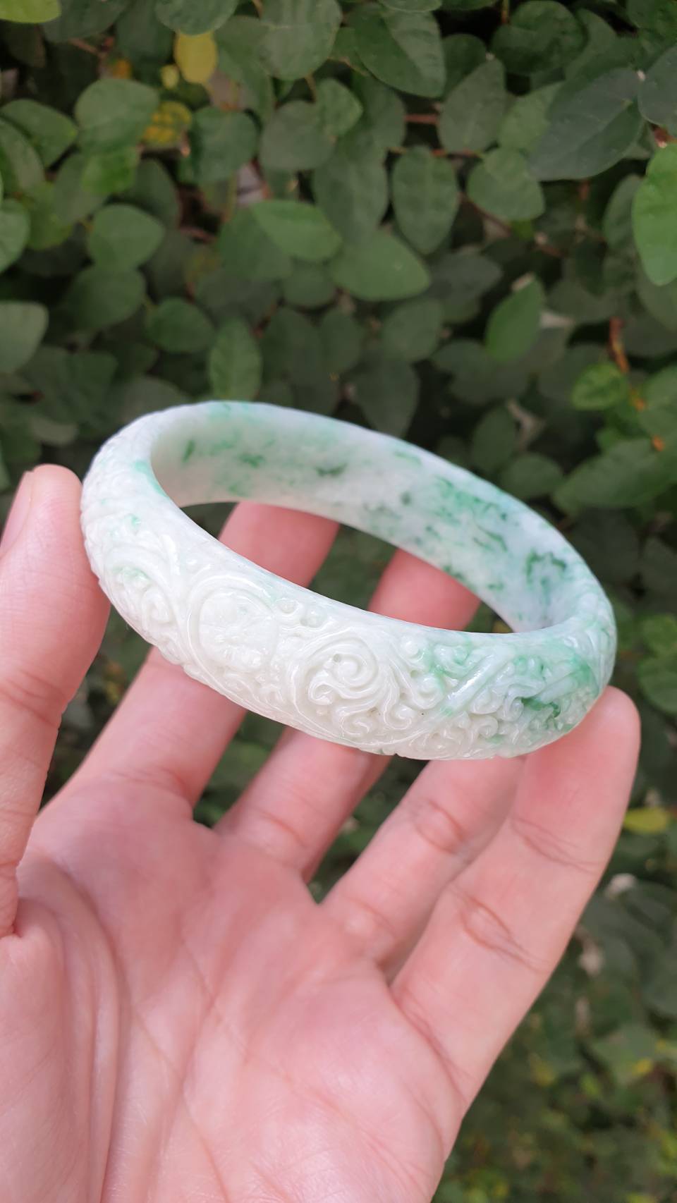 Carved Moss in Snow Jade Ru Yi Bangle S59 Type A Myanmar Jadeite Floral