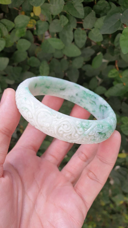 Carved Moss in Snow Jade Ru Yi Bangle S59 Type A Myanmar Jadeite Floral