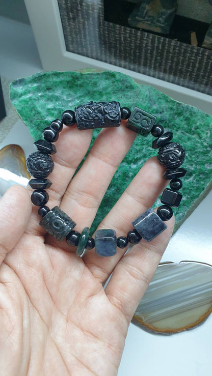 Natural Black Jade 17cm Bracelet - Type A Jadeite Mixed Beads