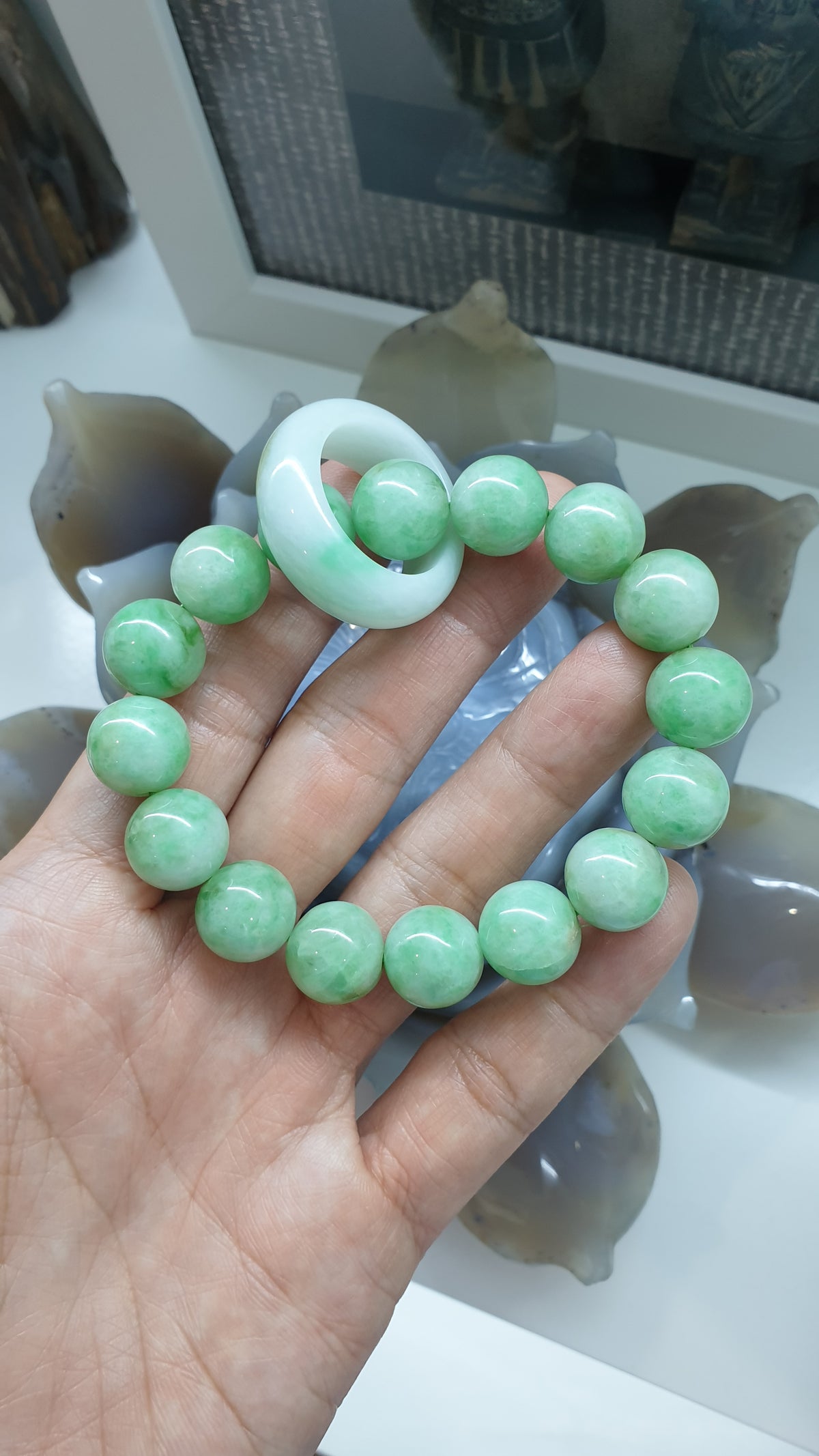 Pastel Green Jade Bracelet 17cm Spinning Ring Charm Type A Natural Jadeite