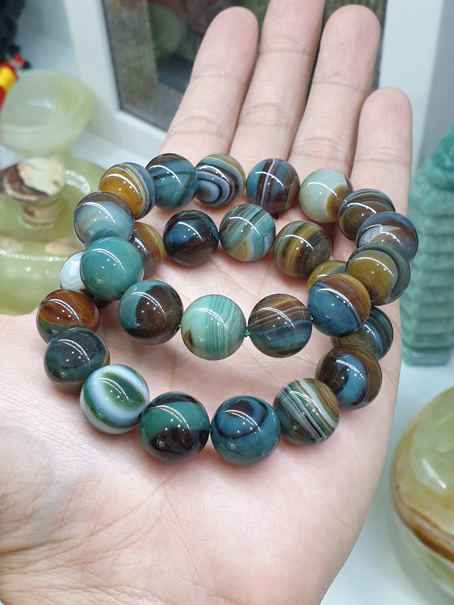 Blue Onyx Bracelets 17cm, Natural Gemstone Beads 14mm