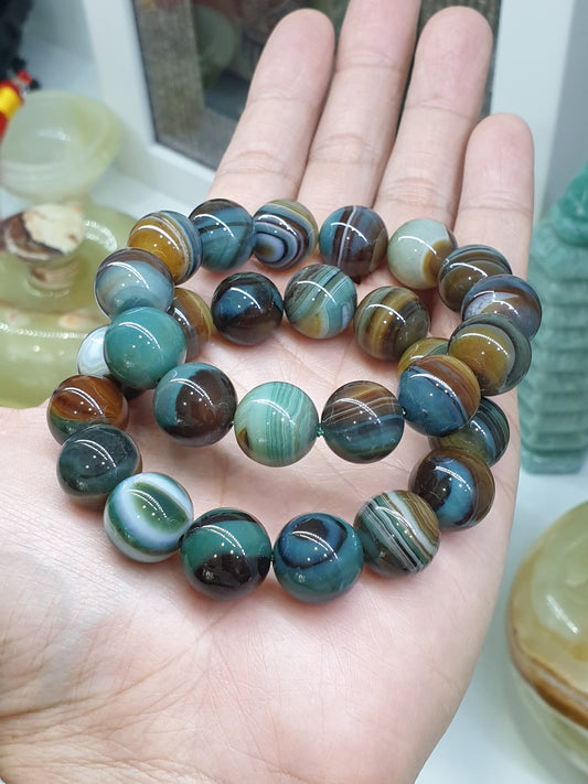 Blue Onyx Bracelets 17cm, Natural Gemstone Beads 14mm