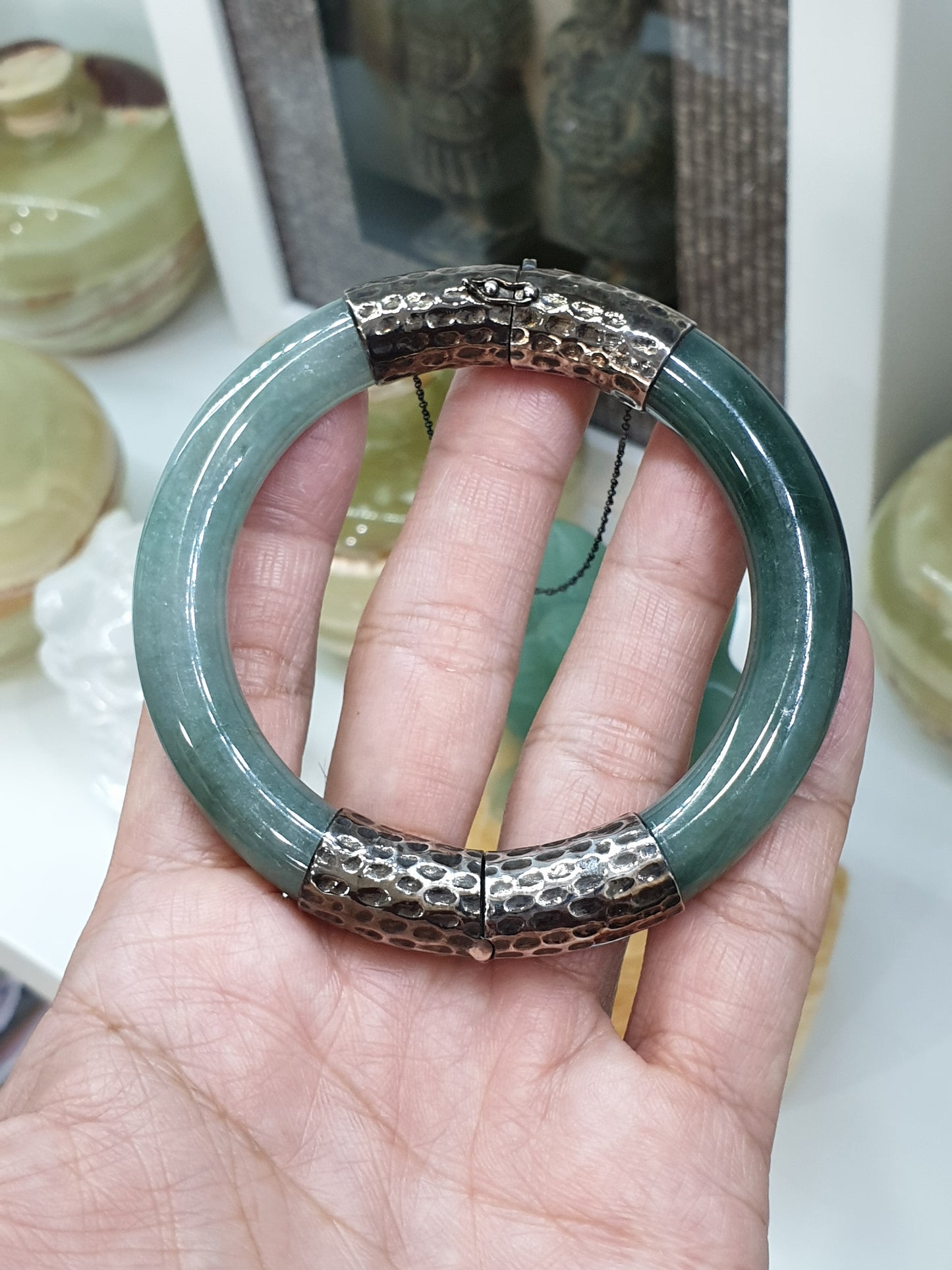 Green Jade Split Bangle, Cylindrical (S 61) | Sterling Silver | Authentic Fei Cui Jade | Elegant Wrist Accessory for Him or Her
