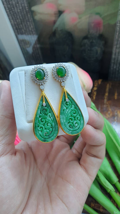 Ru Yi Jade Drop Earrings | Solid 18K Gold + Diamonds | Type A Natural Green Jadeite