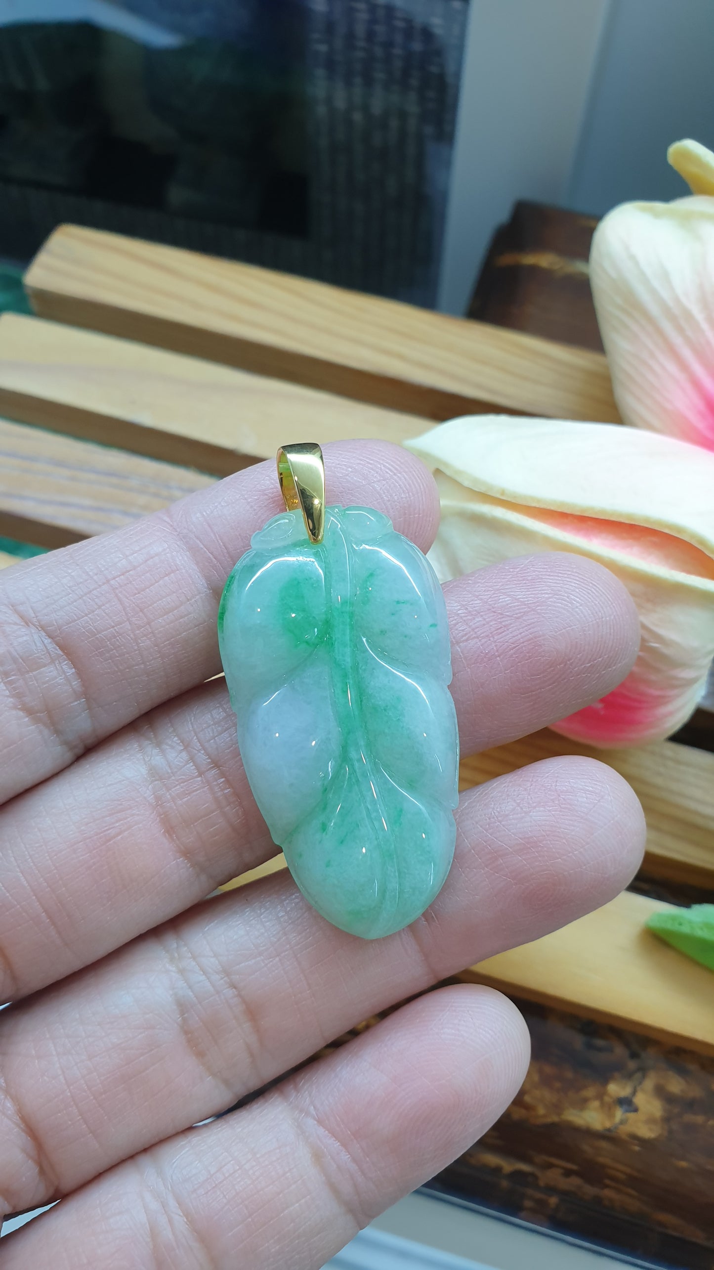 18K Gold Jade Leaf Pendant Misty Green Fei Cui Type A Myanmar Jadeite