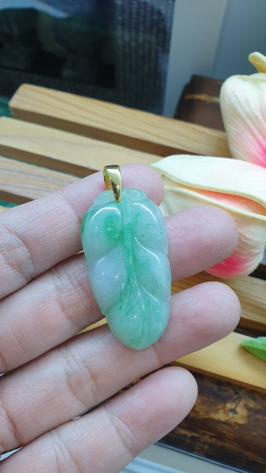 18K Gold Jade Leaf Pendant Misty Green Fei Cui Type A Myanmar Jadeite