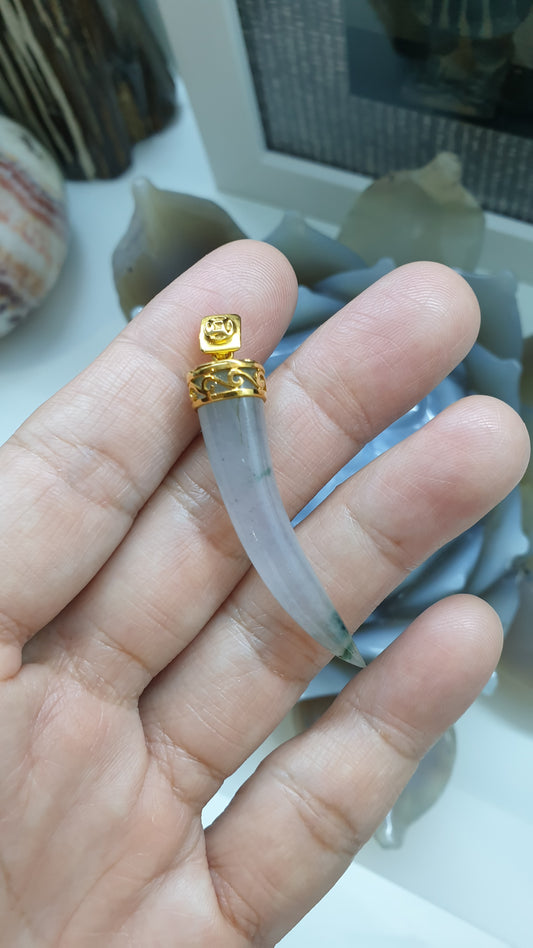 18K Gold & Icy Jade Tiger Fang Pendant | Fei Cui Type A Jadeite | His or Hers Statement Jewelry