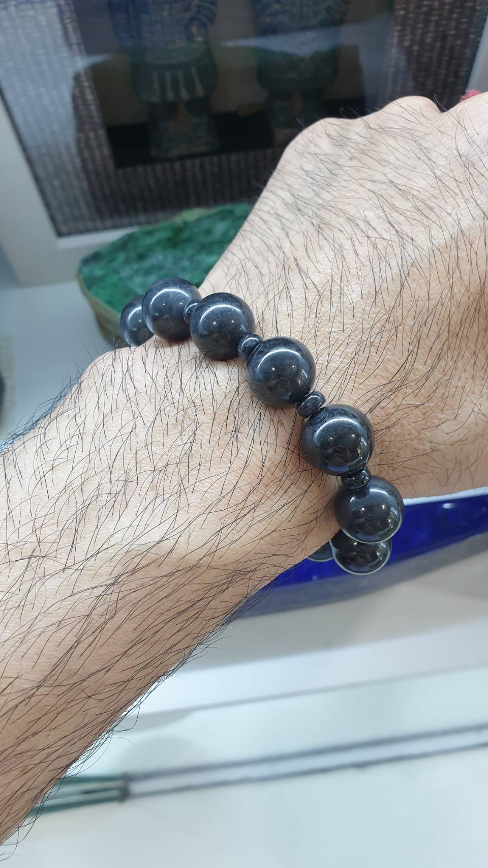 Black Jade Bracelet 17cm Spaced Beads Type A Natural Myanmar Jadeite