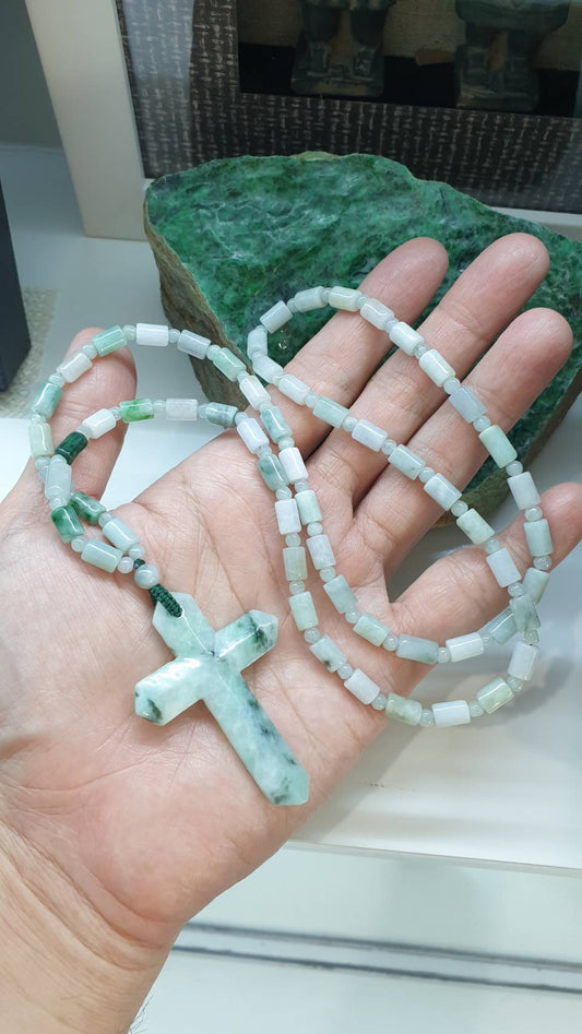 Cross Jade Beaded Necklace 26inch Fei Cui Type A Natural Myanmar Jadeite
