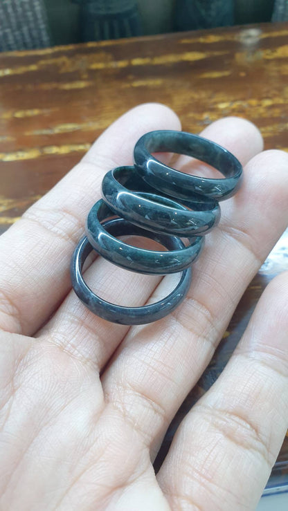 Type A Natural Black Jadeite Slim Band Ring US 12 to 13.25