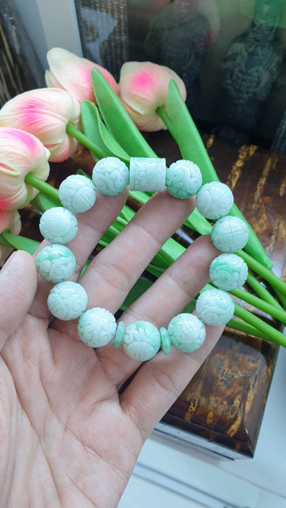 Natural Moss In Snow Jade 17cm Bracelet with Cylinder and Ping An Kou Charm