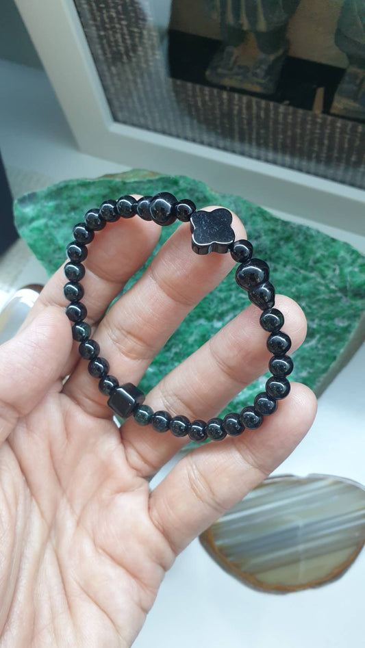 Natural Black Jadeite 17cm Bracelet with Clover, Wu Lou, and Cube Beads