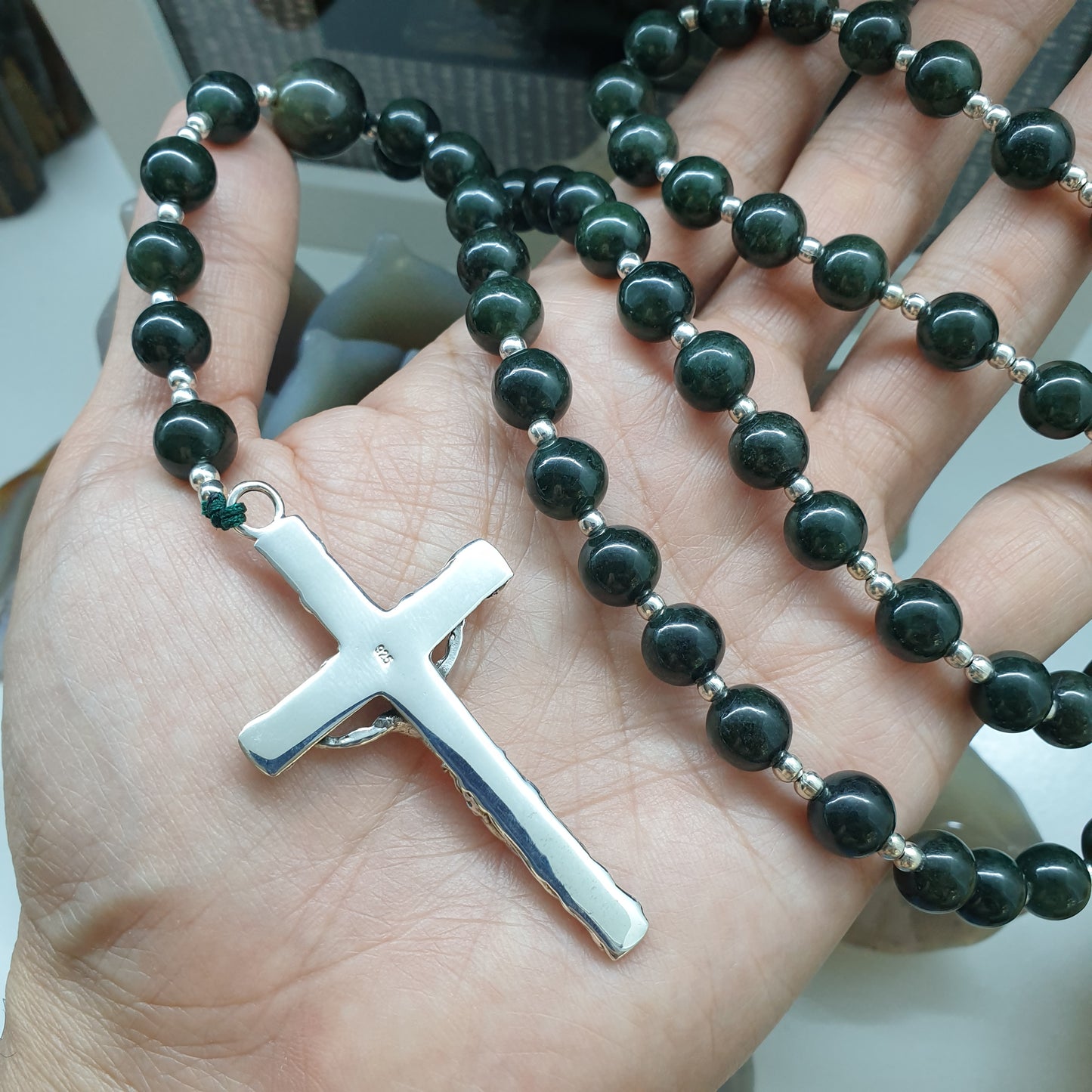 Jade Rosary Necklace 30inch - Black-Green Beads, Type A Natural  Jadeite