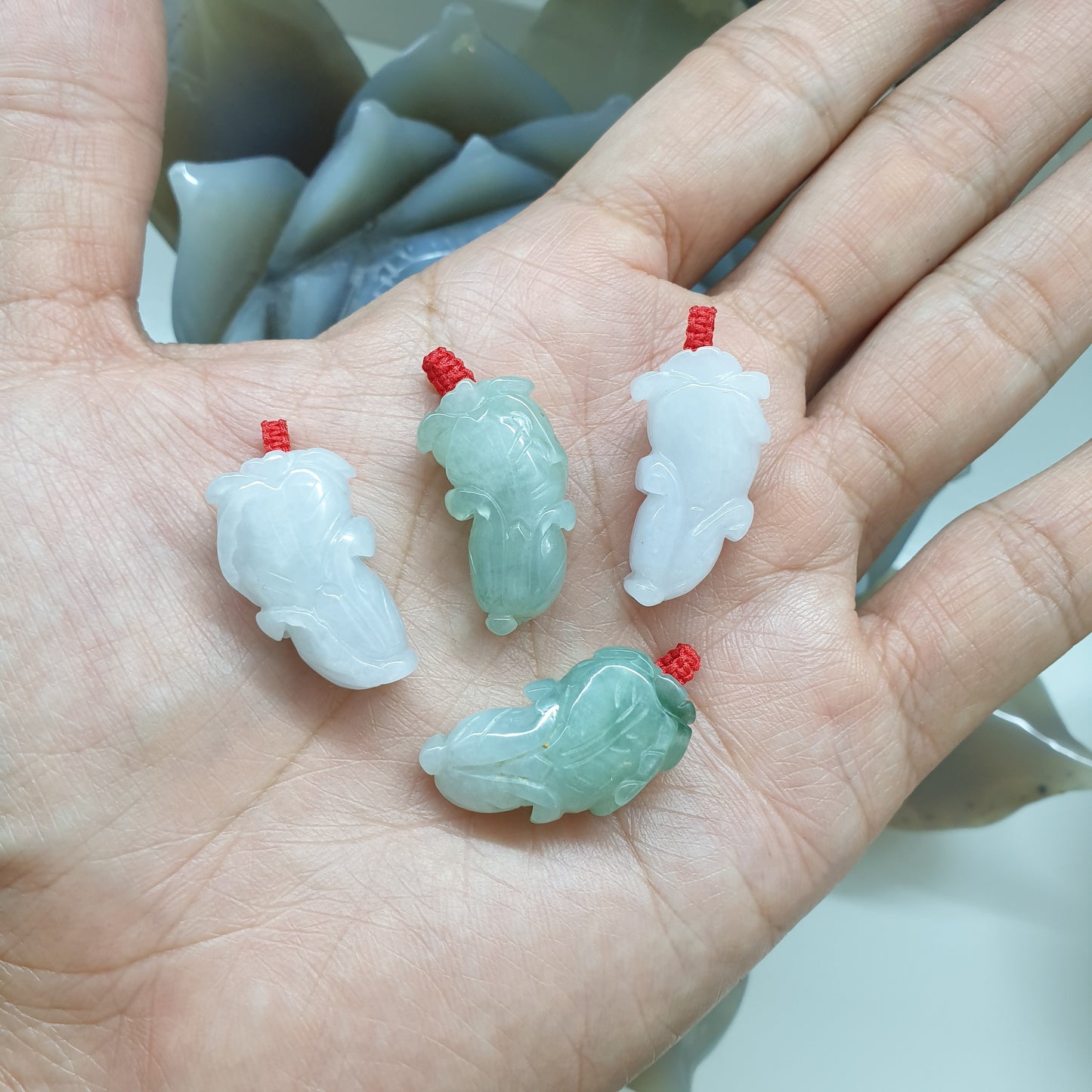 Jade Bok Choy Pendant | Fei Cui - Type A Jadeite | Lucky Red Thread