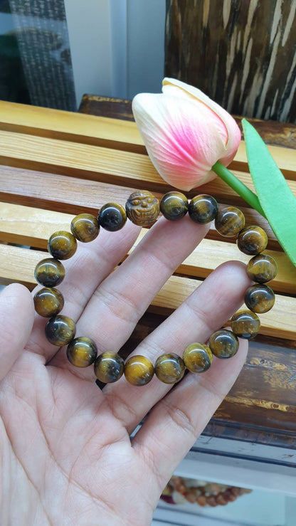 Tiger Eye Bracelets with Cai Shen Ye Luckycharm, 18 cm - Natural Stones