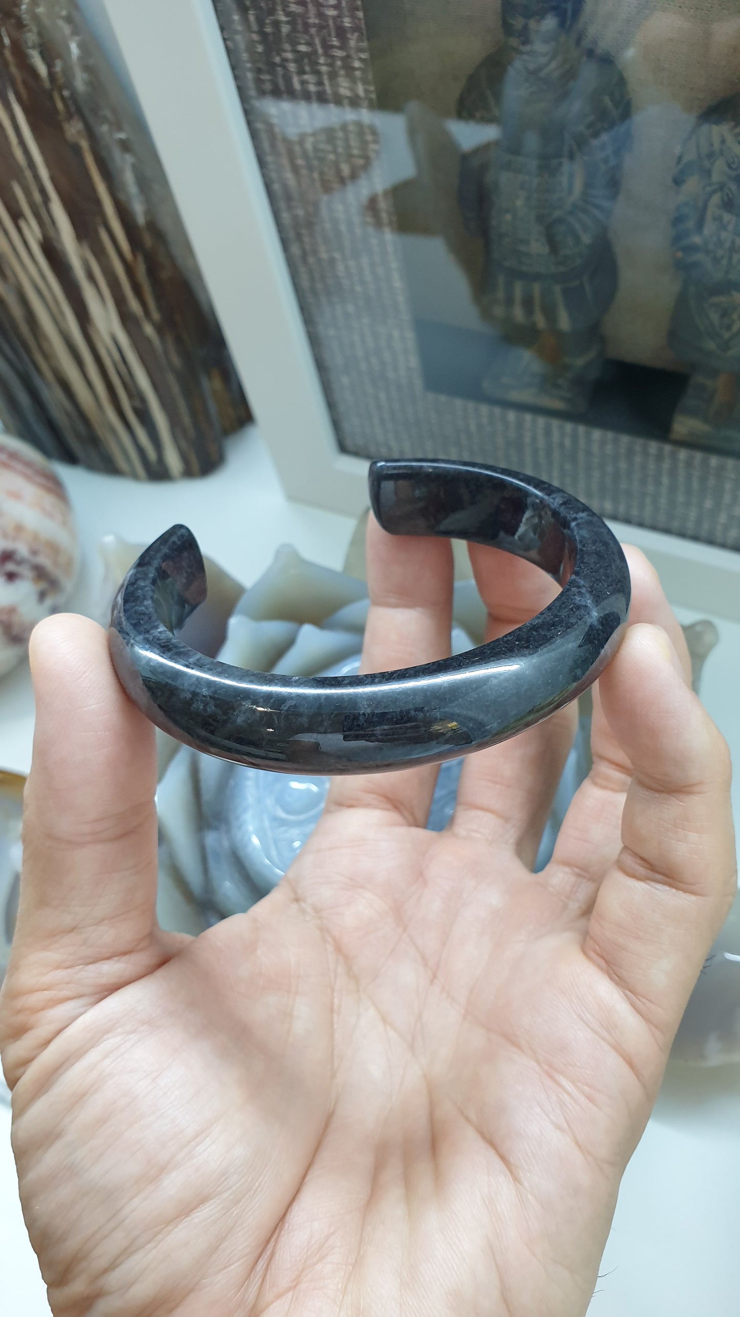 Jade Cuff Bangle Size 62 - 63 Type A Natural Black Jadeite