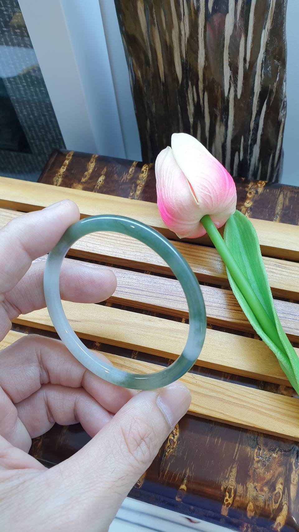 Green Fei Cui Jade Cylindrical Bangle S57 Type A Natural Jadeite Two Tone