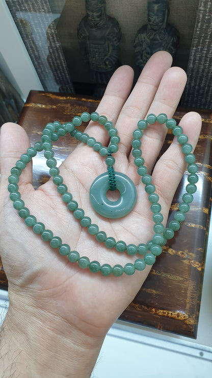 Blue Jade Ping An Kou Necklace (23") | Type A Natural Jadeite | Handcrafted Lucky Charm Jewelry