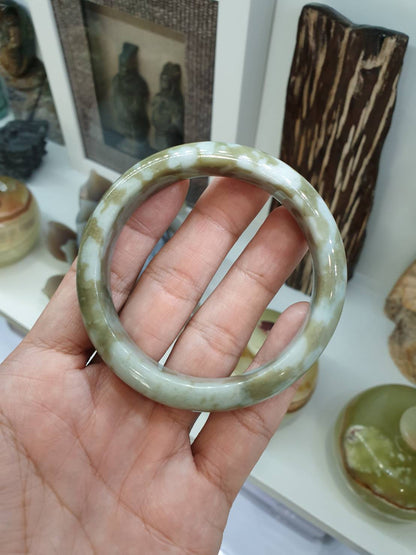 Honey Green Marbled Jade Bangle S58.5 Fei Cui Type A Myanmar Jadeite