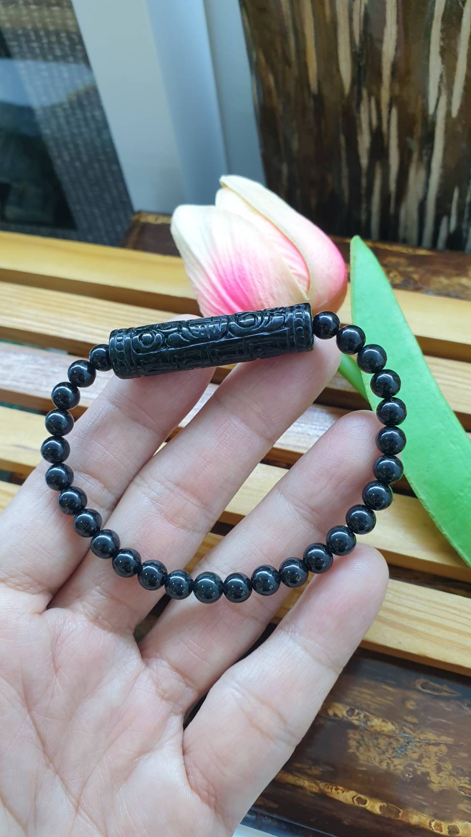 Black Jade Bracelet with Ru Yi Charm 17 cm | Type A Natural Burma Jadeite
