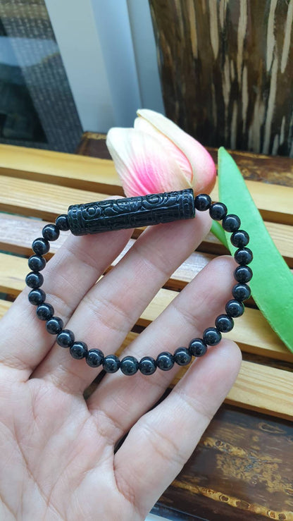 Black Jade Bracelet with Ru Yi Charm 17 cm | Type A Natural Burma Jadeite