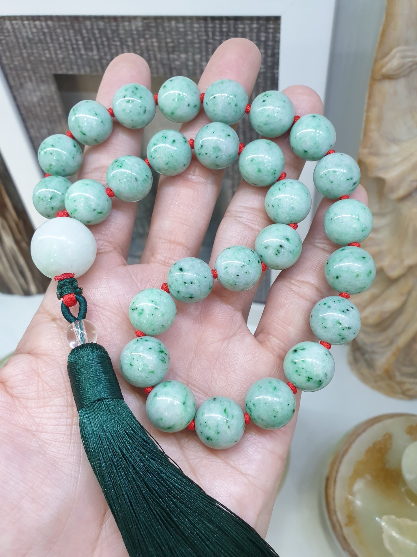 Jade Japa Mala | Speckled Green Beads - Type A Jadeite | Handcrafted Lucky Charms Ideal for Gifting 🎁