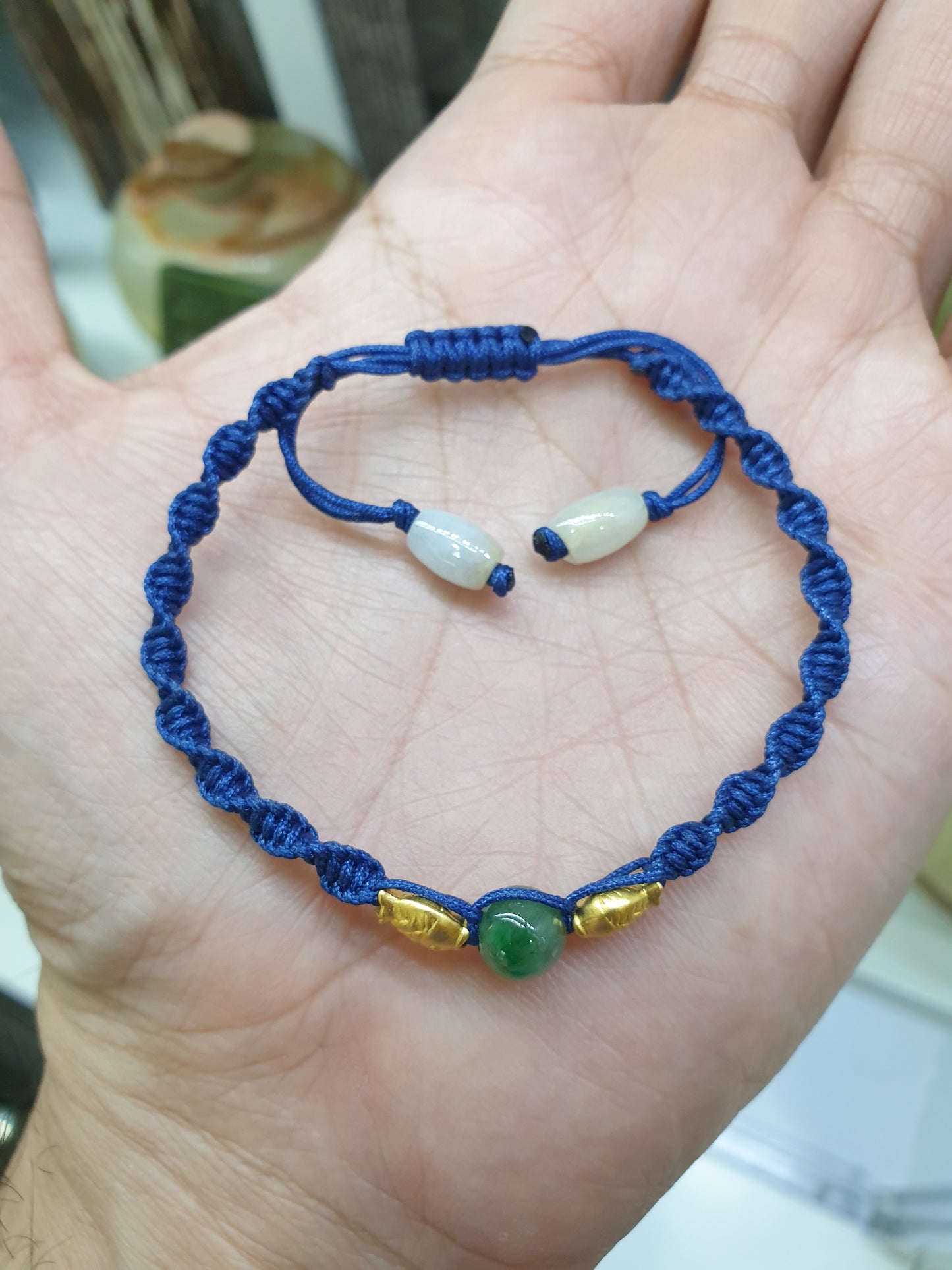 Jade & Fish Woven Bracelet (Adjustable) | Pure 24K Gold | Fei Cui - Type A Jadeite
