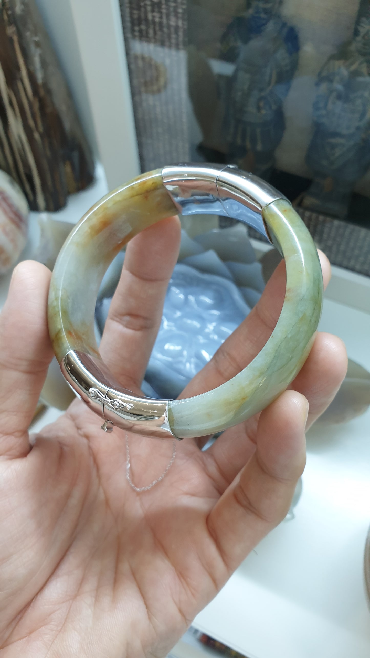 Hok Lok Siew Jade Split Bangle (S 63) | Sterling Silver | Authentic Fei Cui Jade | Eye Candy Wrist Accessory for Him or Her
