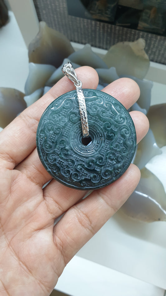 Blue Jade Ru Yi - Peace Buckle Pendant | Fei Cui - Natural Jadeite | Authentic Sterling Silver