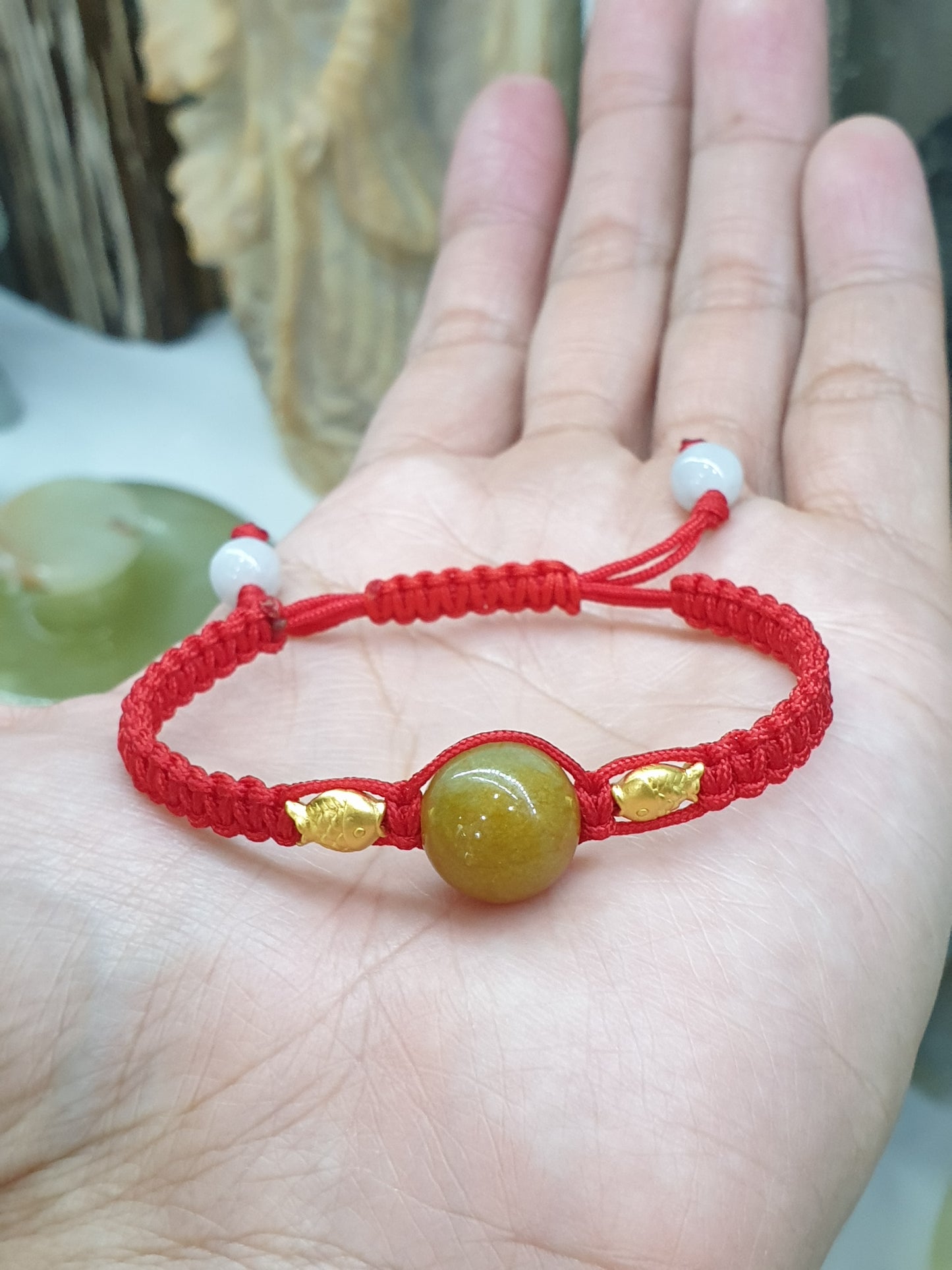Jade Bead & Gold Lucky Charm in Red Thread Bracelet (Adjustable) | Pure 24K Gold | Fei Cui - Type A Jadeite