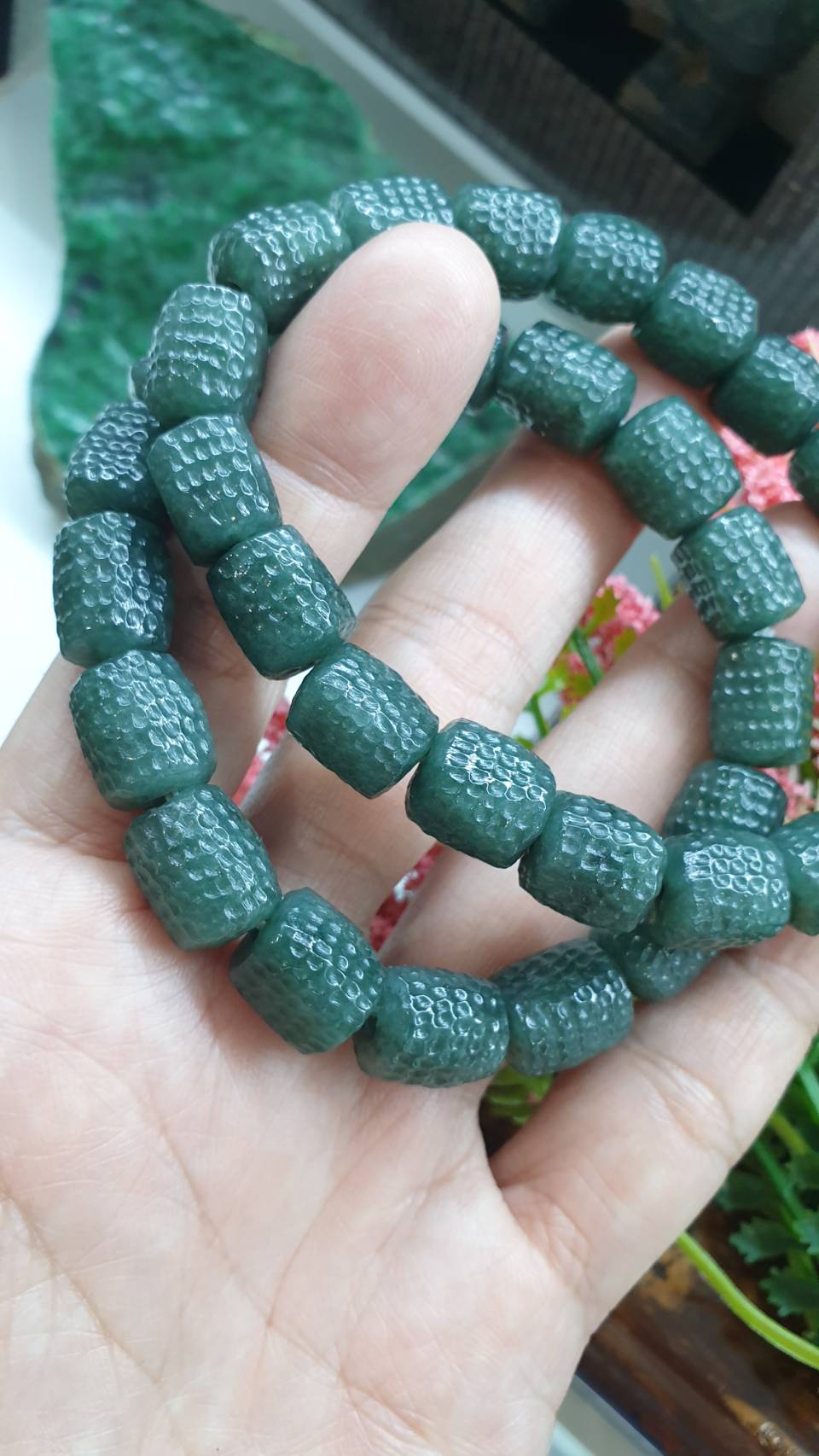Gent's Jade Bracelet 18cm Type A Myanmar Jadeite Hammered Style Barrel Beads