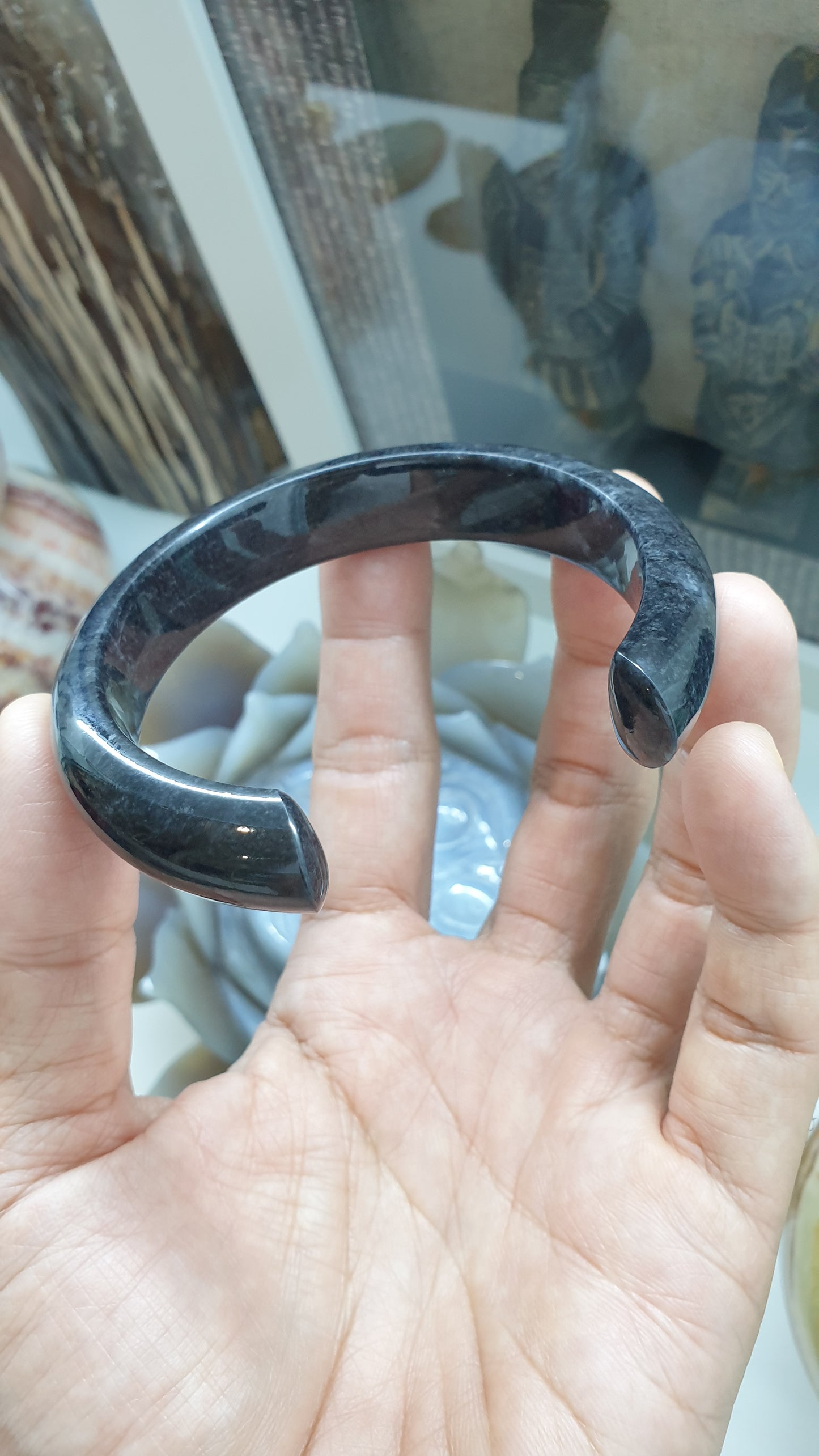 Jade Cuff Bangle Size 62 - 63 Type A Natural Black Jadeite