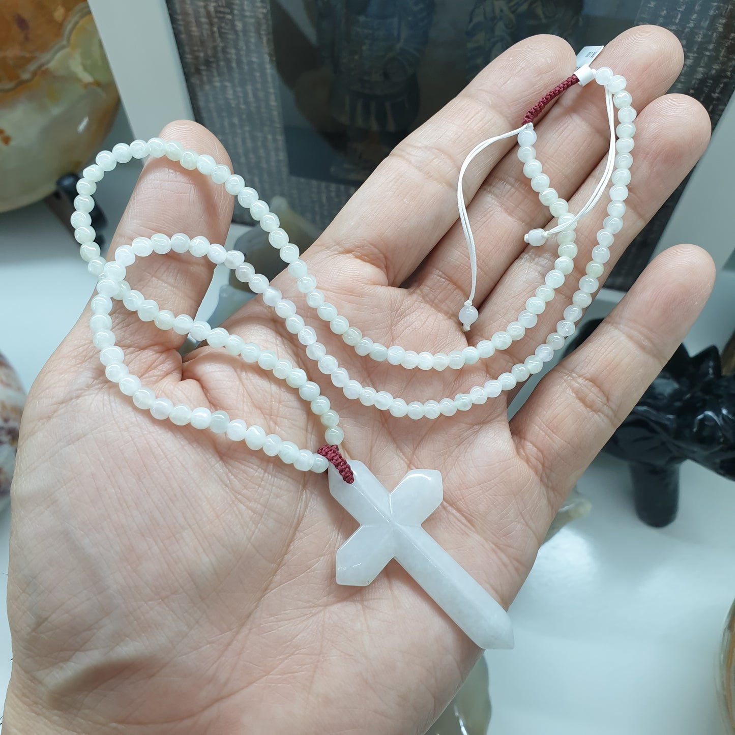Jade Cross on White Jade beaded Necklace (18") | Fei Cui Type A Jadeite