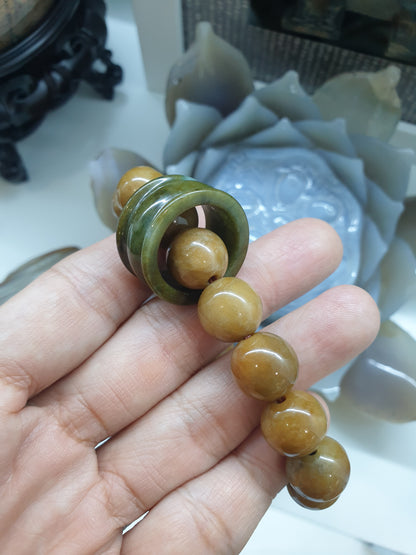 Earthy Cream-Brown Natural Jade Bracelet | Detachable Archer’s Ring Charm | His or Hers Unique Wrist Candy with Handmade Beads