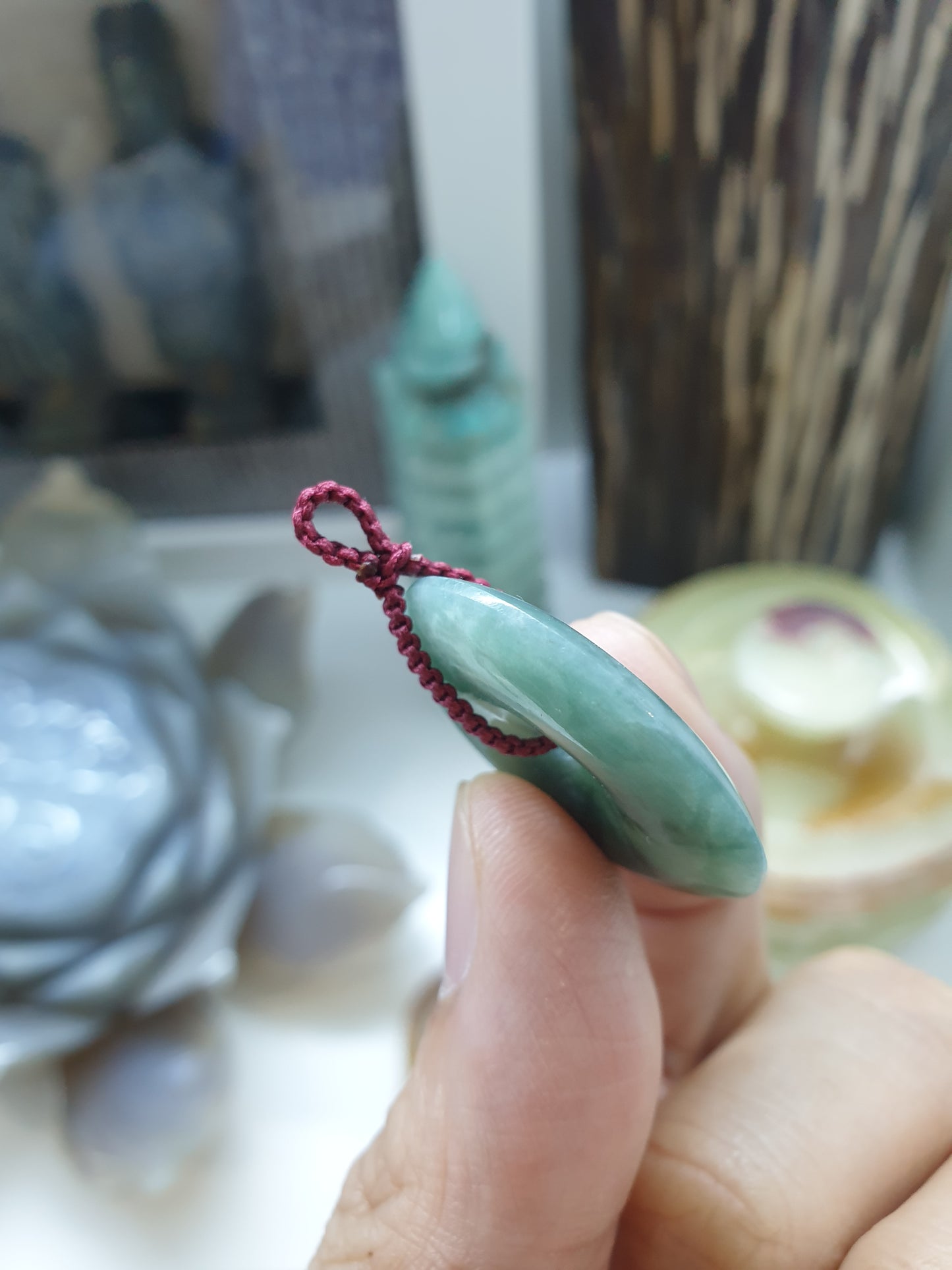 Marbled Green Jade Ping An Kou Pendant (3 cm) | Fei Cui - Type A Jadeite | Handwoven Thread Bail