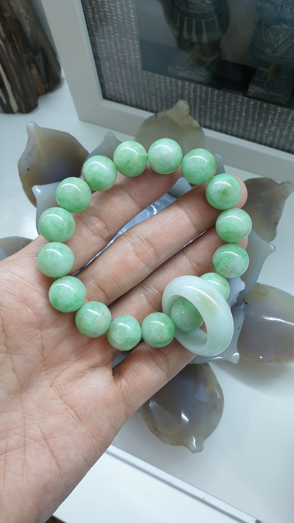 Pastel Green Jade Bracelet 17cm Spinning Ring Charm Type A Natural Jadeite