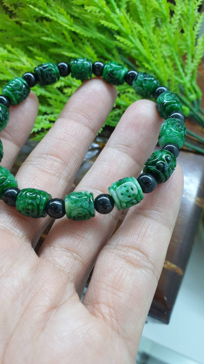 Natural Type A Jadeite Bracelet - Green Cylinder - Black Spacer Beads
