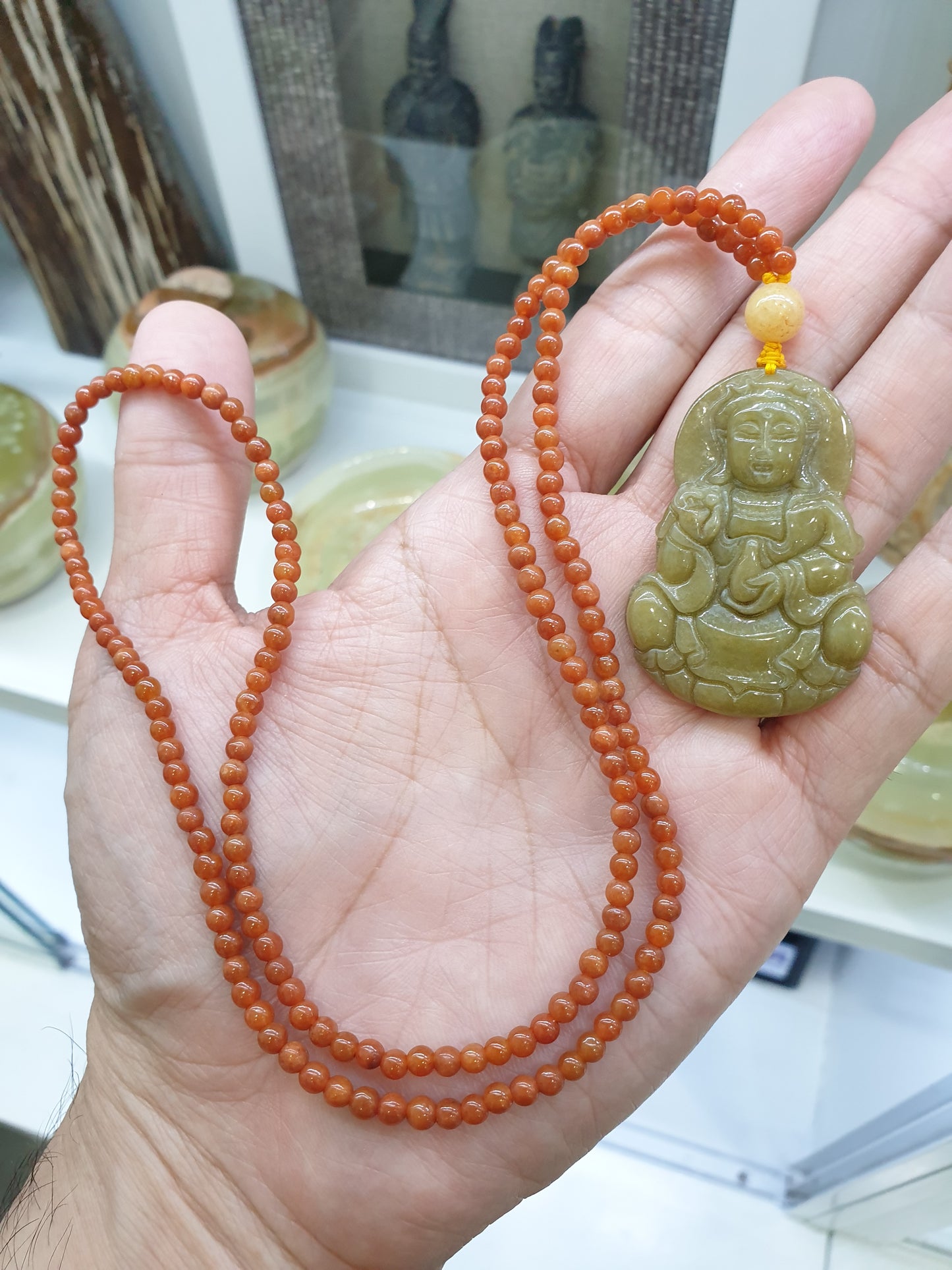 Jade Guan Yin on Red Jade beaded Necklace (24") | Fei Cui Type A Jadeite | His or Hers Fortune Necklace