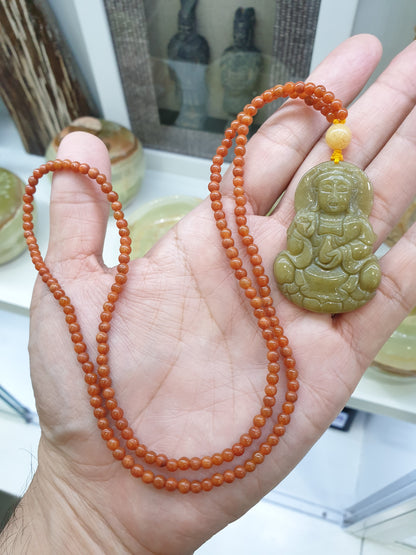 Jade Guan Yin on Red Jade beaded Necklace (24") | Fei Cui Type A Jadeite | His or Hers Fortune Necklace