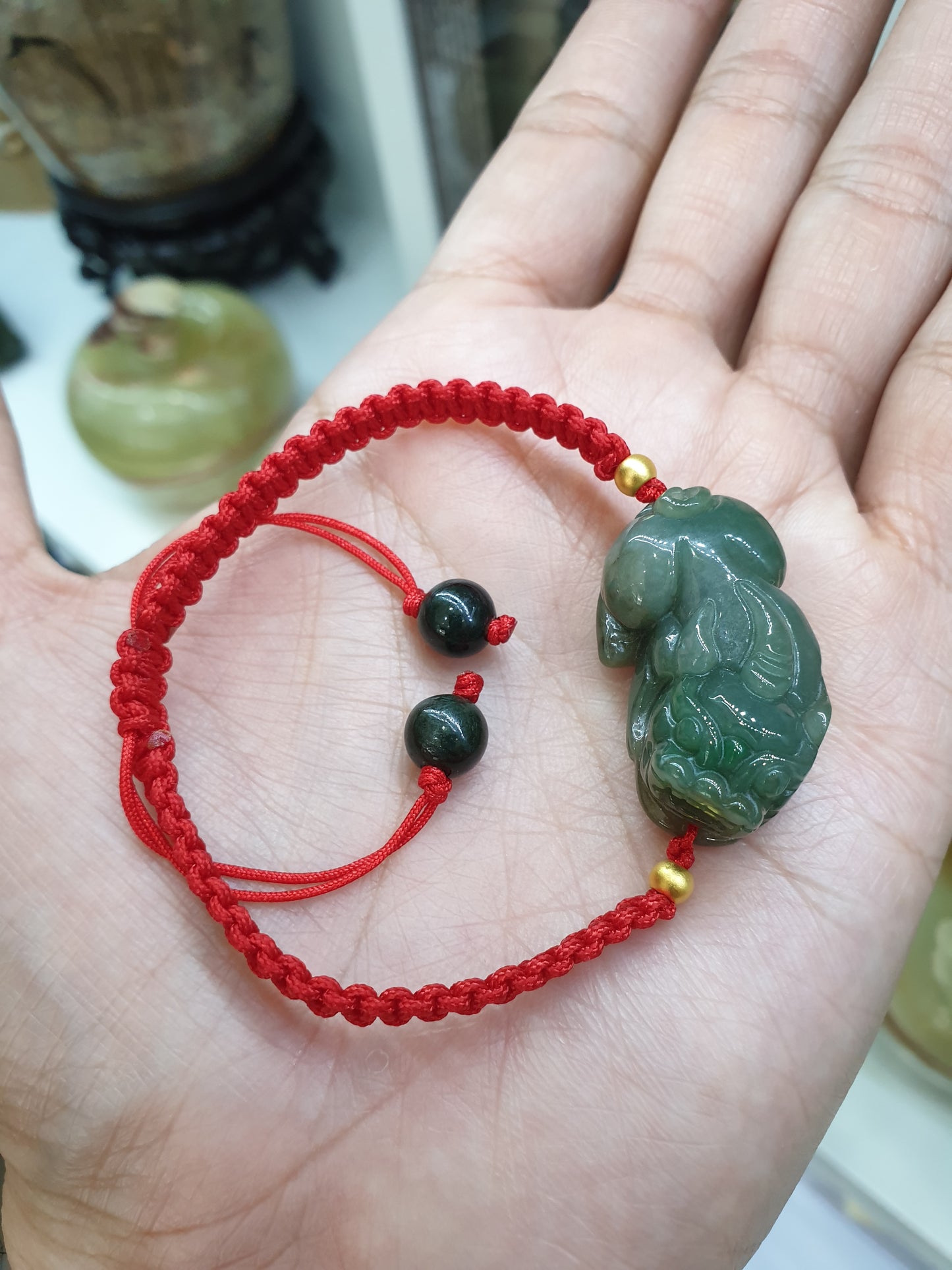 Jade Pixiu Red Thread Bracelet (Adjustable) | Pure 24K Gold Beads | Fei Cui - Natural Jadeite