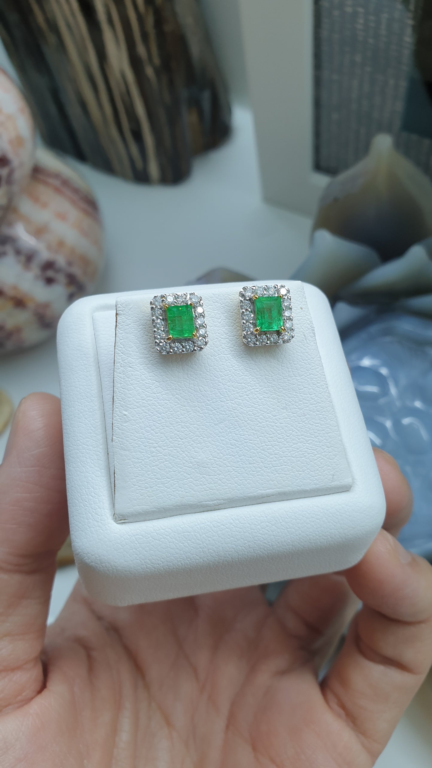 Emerald & Diamond Stud Earrings | 14K Gold Fine Jewelry