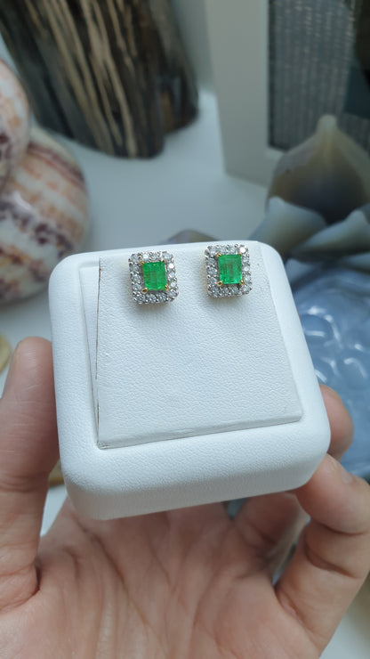 Emerald & Diamond Stud Earrings | 14K Gold Fine Jewelry
