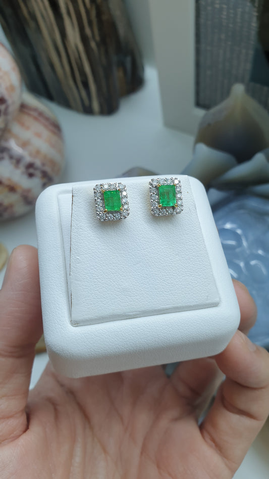 Emerald & Diamond Stud Earrings | 14K Gold Fine Jewelry