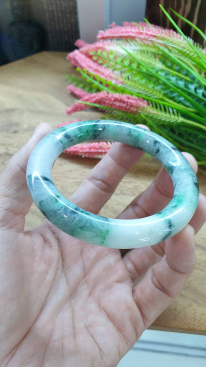Jade Cylindrical Bangle S58 Marbled Green Fei Cui Type A Natural Jadeite