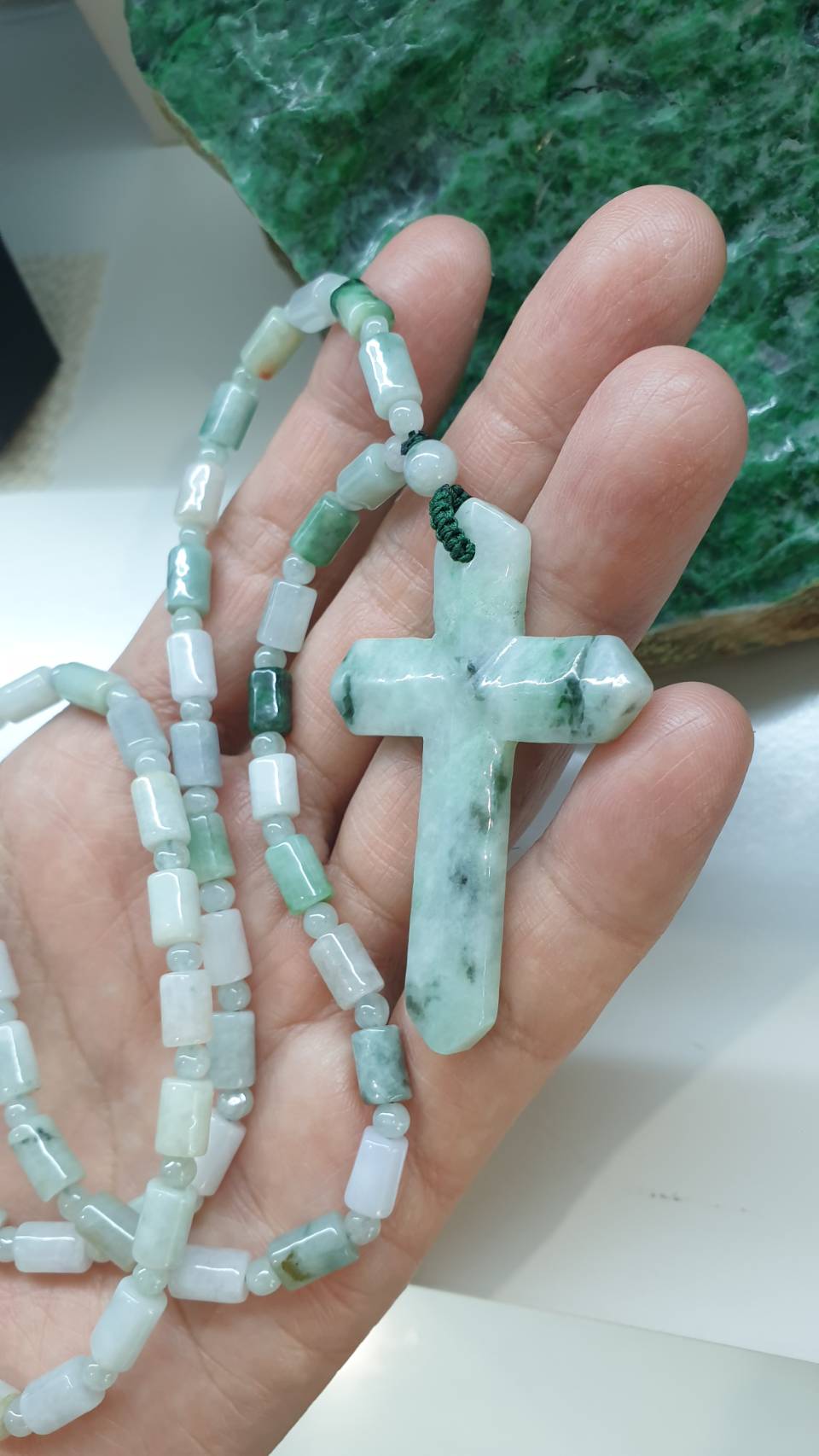 Cross Jade Beaded Necklace 26inch Fei Cui Type A Natural Myanmar Jadeite