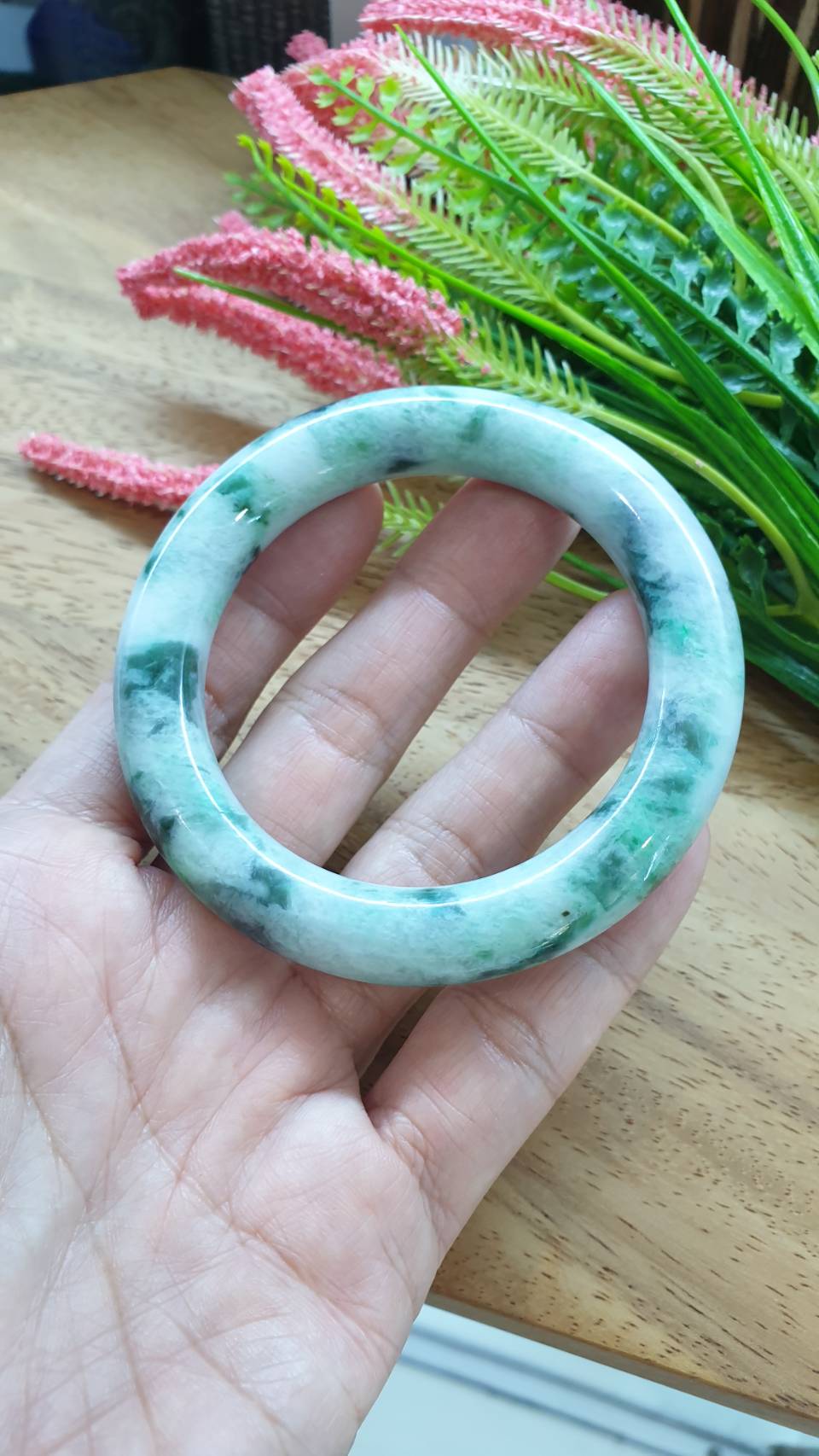 Jade Cylindrical Bangle S57.5 Marbled Green Fei Cui Type A Natural Jadeite