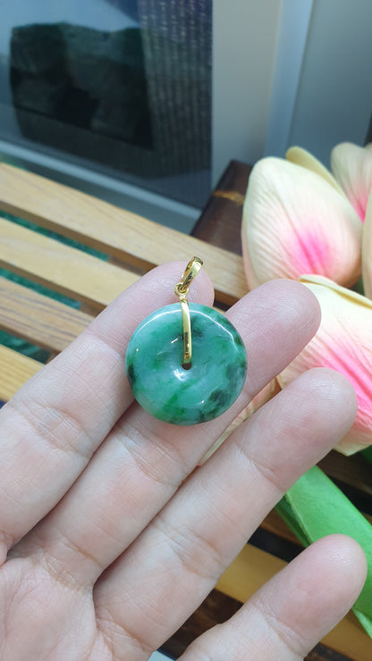 18K Gold Jade Ping An Kou Pendant Natural Green Type A Myanmar Jadeite