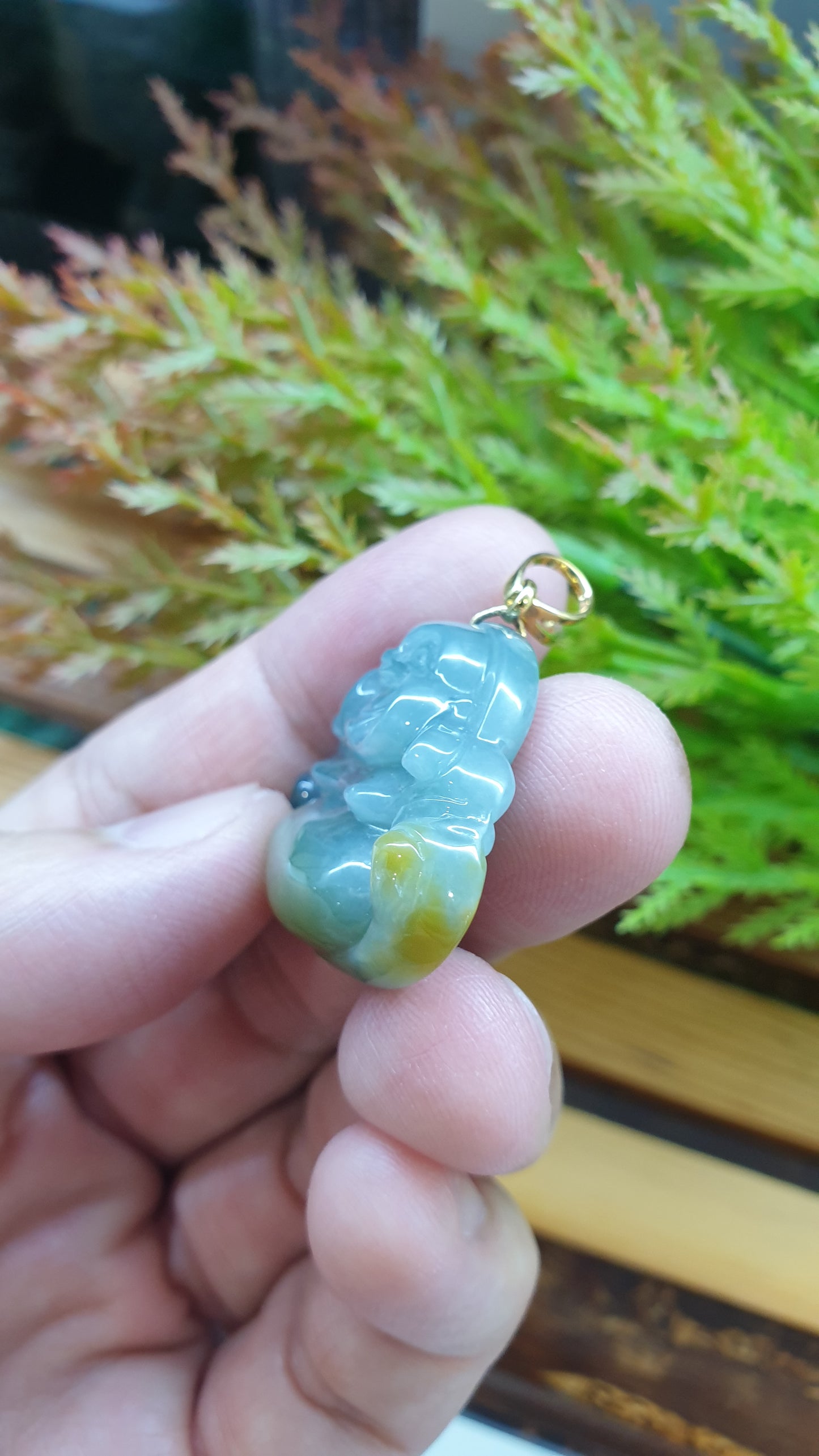 14K Solid Gold Jade Budai Prosperity Pendant Type A Natural Honey Blue Jadeite
