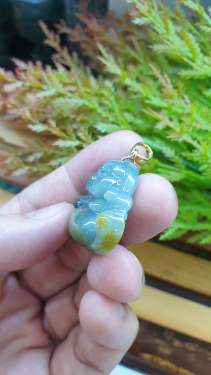 14K Solid Gold Jade Budai Prosperity Pendant Type A Natural Honey Blue Jadeite
